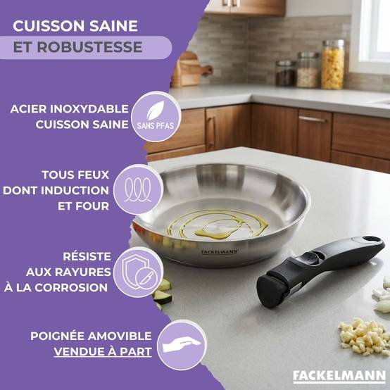 Poêle 20 cm en inox manche amovible Fackelmann InoGrip - Image 3