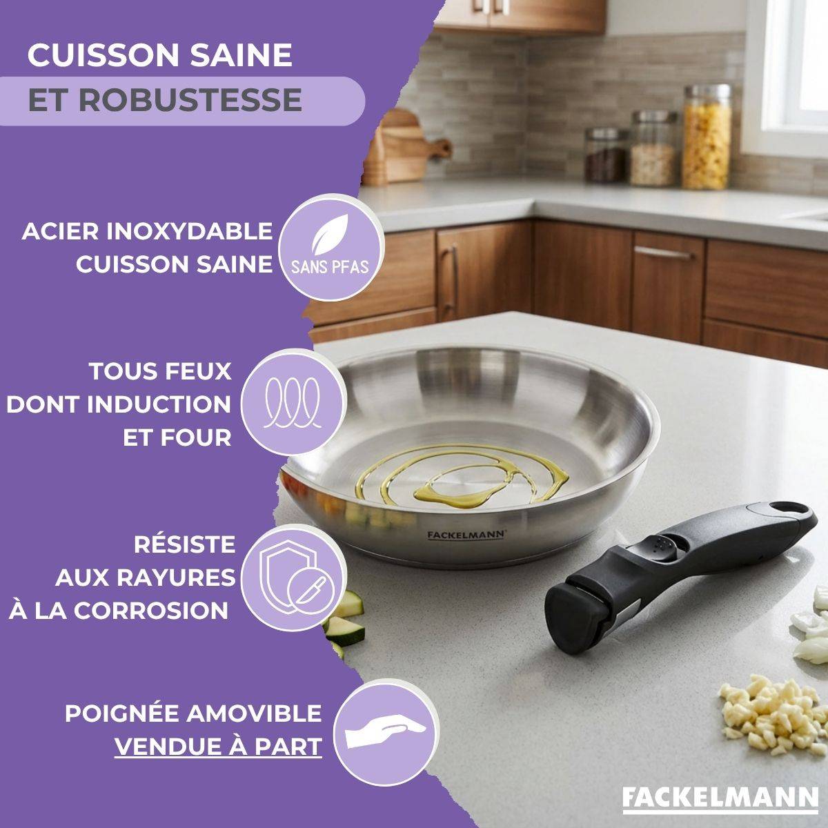 Poêle 20 cm en inox manche amovible Fackelmann InoGrip - Image 3