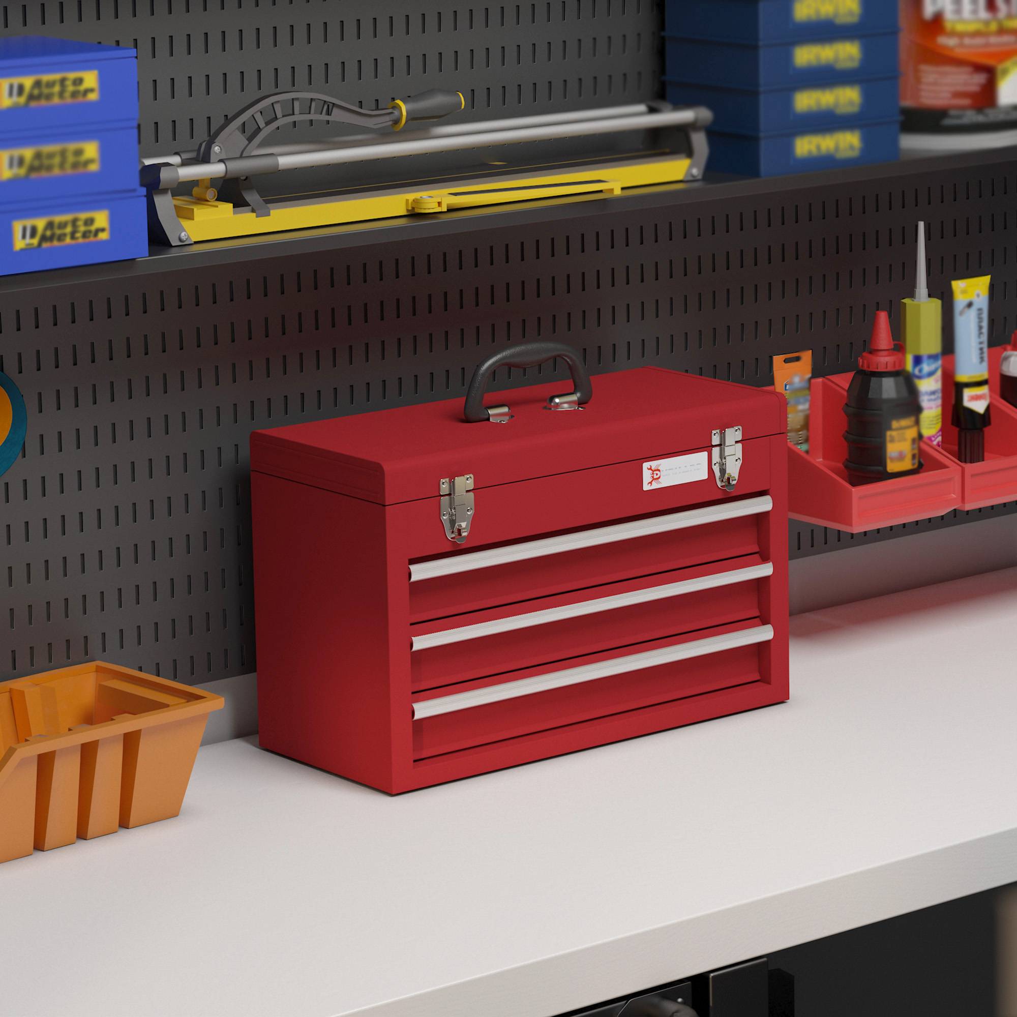 Sans Marque - Boîte à outils avec 3 tiroirs, compartiment de rangement supérieur, fixations en acier, poignée de transport, 51x22x32 cm, rouge - Image 3