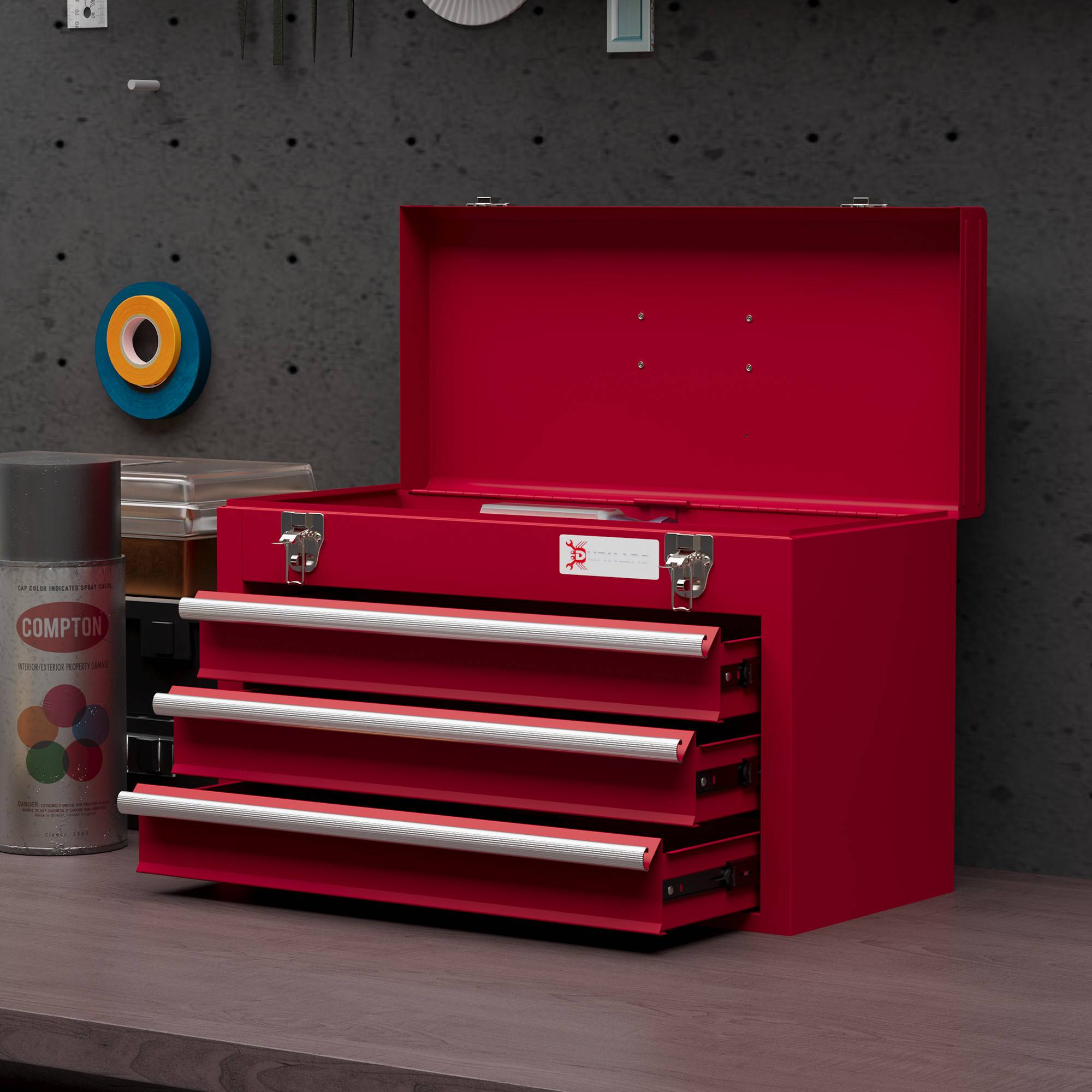 Sans Marque - Boîte à outils avec 3 tiroirs, compartiment de rangement supérieur, fixations en acier, poignée de transport, 51x22x32 cm, rouge - Image 4