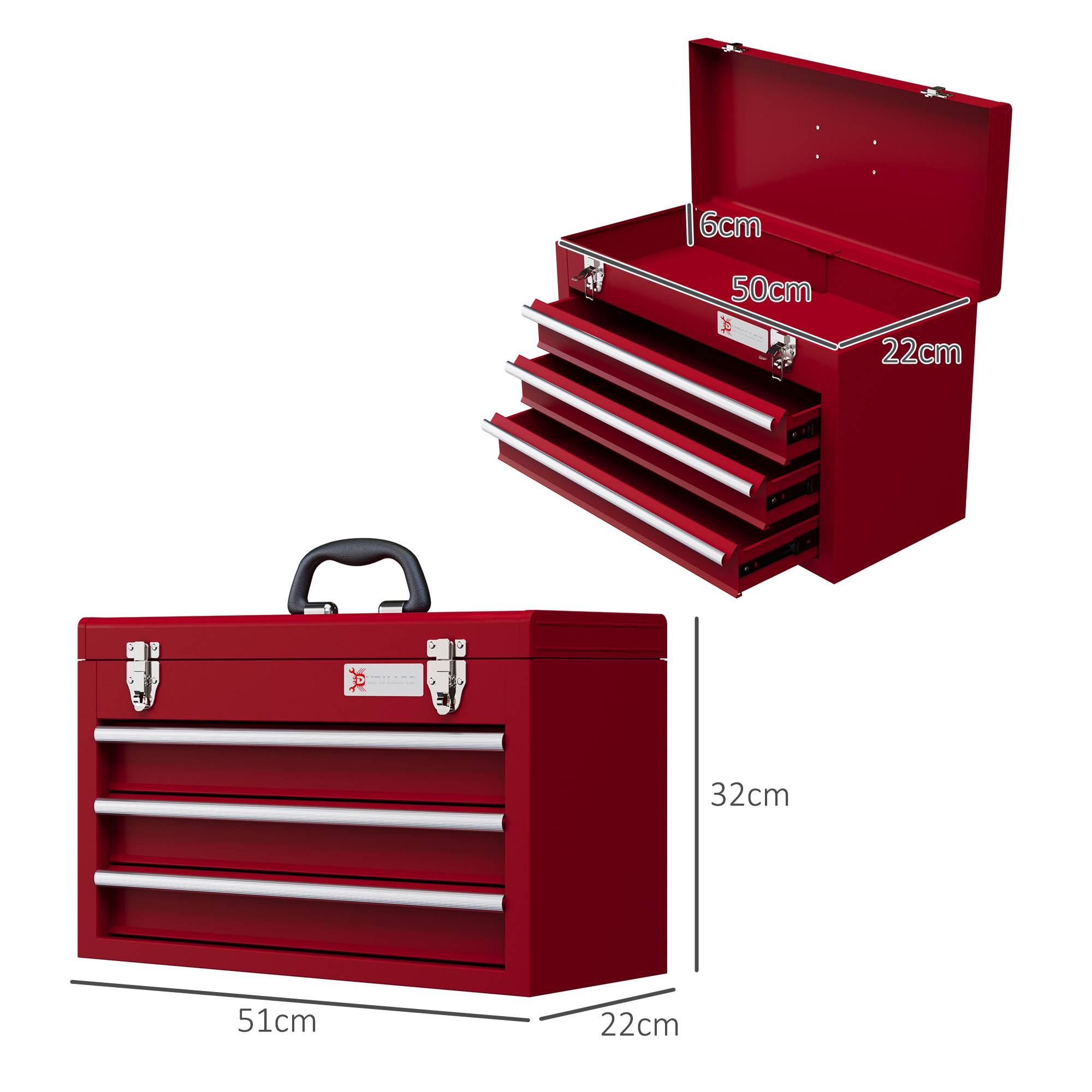 Sans Marque - Boîte à outils avec 3 tiroirs, compartiment de rangement supérieur, fixations en acier, poignée de transport, 51x22x32 cm, rouge - Image 5