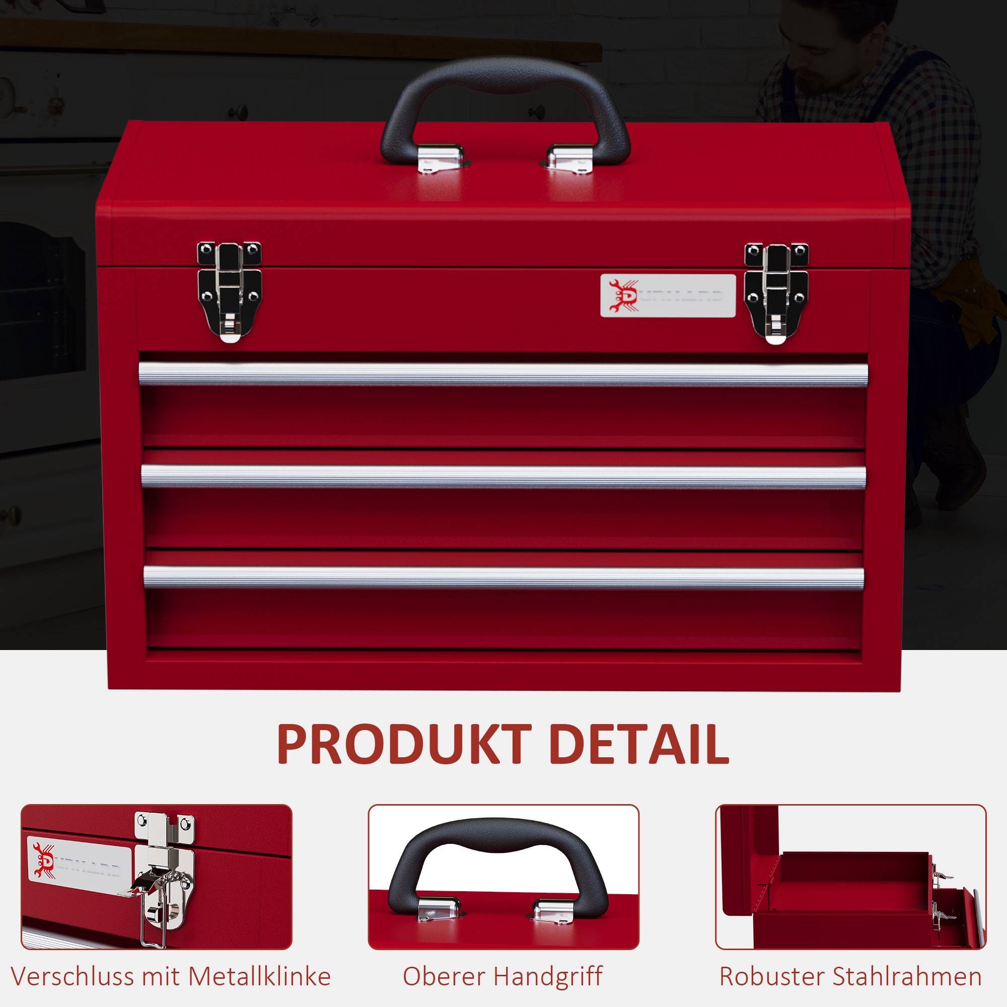 Sans Marque - Boîte à outils avec 3 tiroirs, compartiment de rangement supérieur, fixations en acier, poignée de transport, 51x22x32 cm, rouge - Image 6