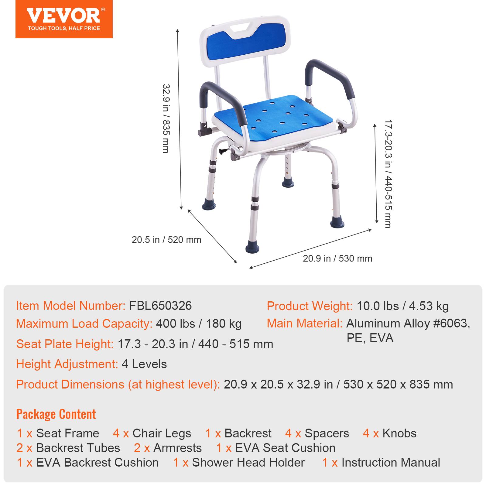 Vevor - VEVOR Siège bain rotatif 360°, bras réglables/mobiles, antidérapant, capacité 400 lb, handicapés. - Image 7