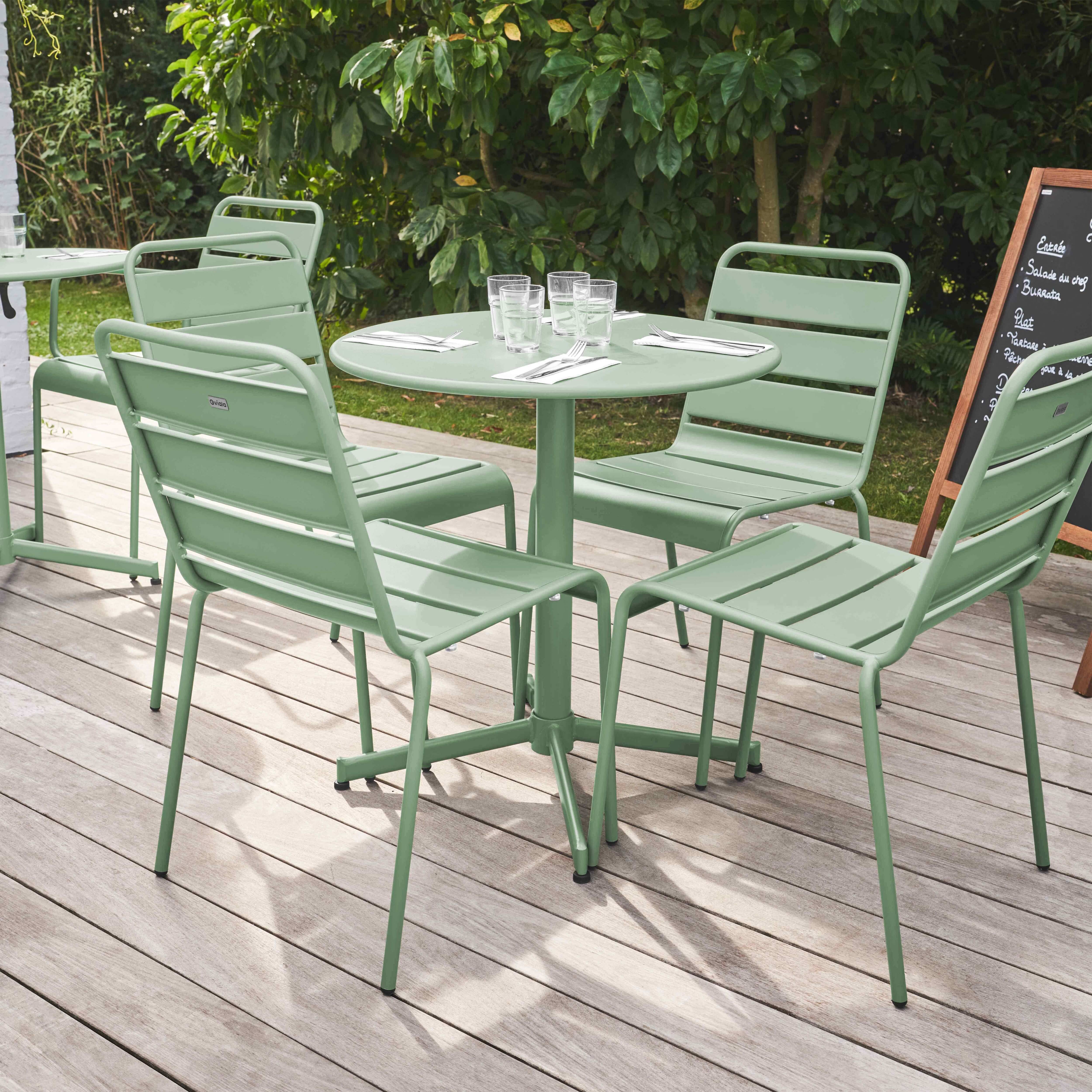 Oviala - Ensemble table de jardin ronde et 4 chaises en métal vert sauge Palavas - Oviala - Imagen 2