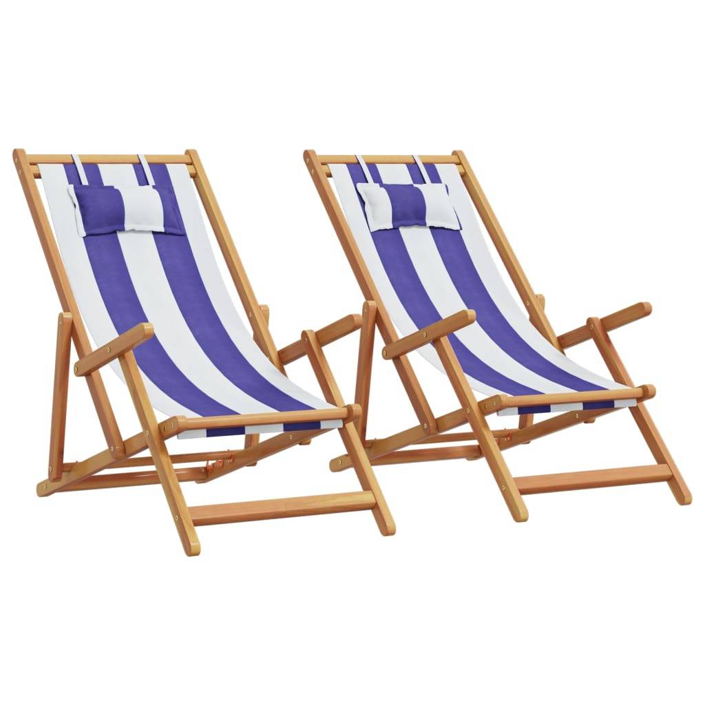Maison Chic - lot de 2 Chaises de plage pliantes - Bain de soleil - Transat bleu blanc tissu bois massif HL302 - Image 2