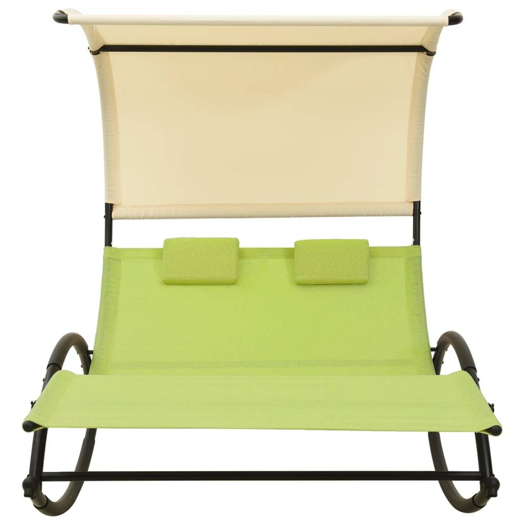 Helloshop26 - Transat chaise longue bain de soleil lit de jardin terrasse meuble d'extérieur double avec auvent textilène vert et crème - Imagen 2
