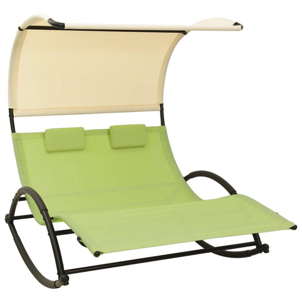 Helloshop26 - Transat chaise longue bain de soleil lit de jardin terrasse meuble d'extérieur double avec auvent textilène vert et crème - Imagen 1
