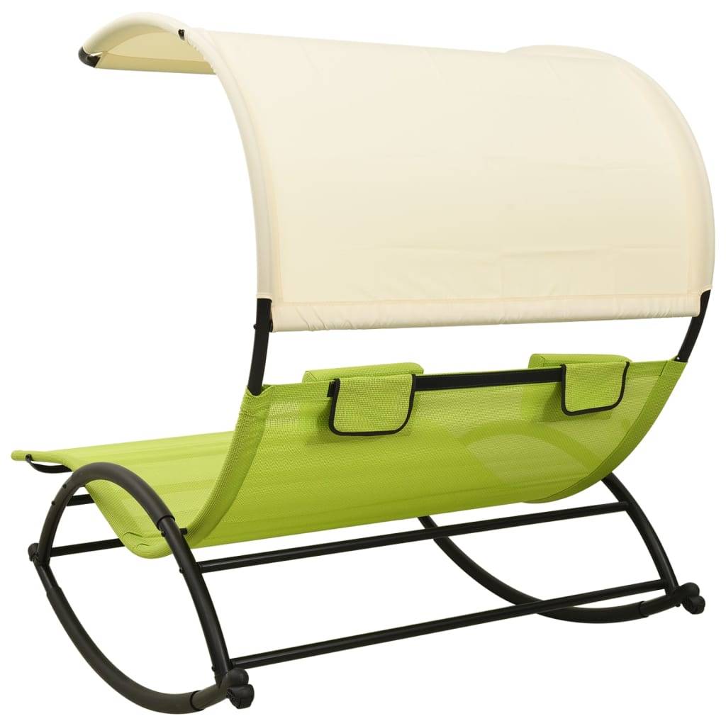 Helloshop26 - Transat chaise longue bain de soleil lit de jardin terrasse meuble d'extérieur double avec auvent textilène vert et crème - Imagen 4