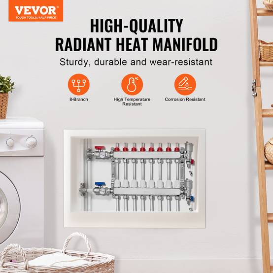 VEVOR Collecteur chauffage radiant 8 branches, inox, tubes PEX 1,27 cm. Pour chaleur hydronique sol. - Image 2