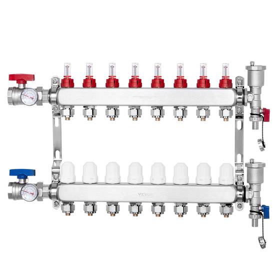 VEVOR Collecteur chauffage radiant 8 branches, inox, tubes PEX 1,27 cm. Pour chaleur hydronique sol. - Image 1