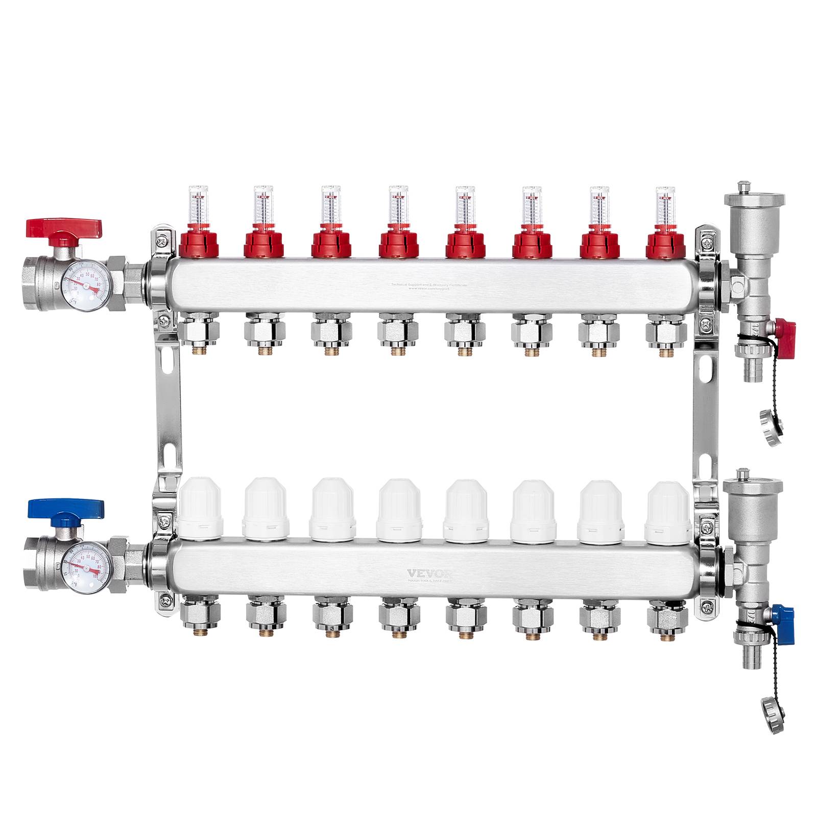 VEVOR Collecteur chauffage radiant 8 branches, inox, tubes PEX 1,27 cm. Pour chaleur hydronique sol. - Image 1