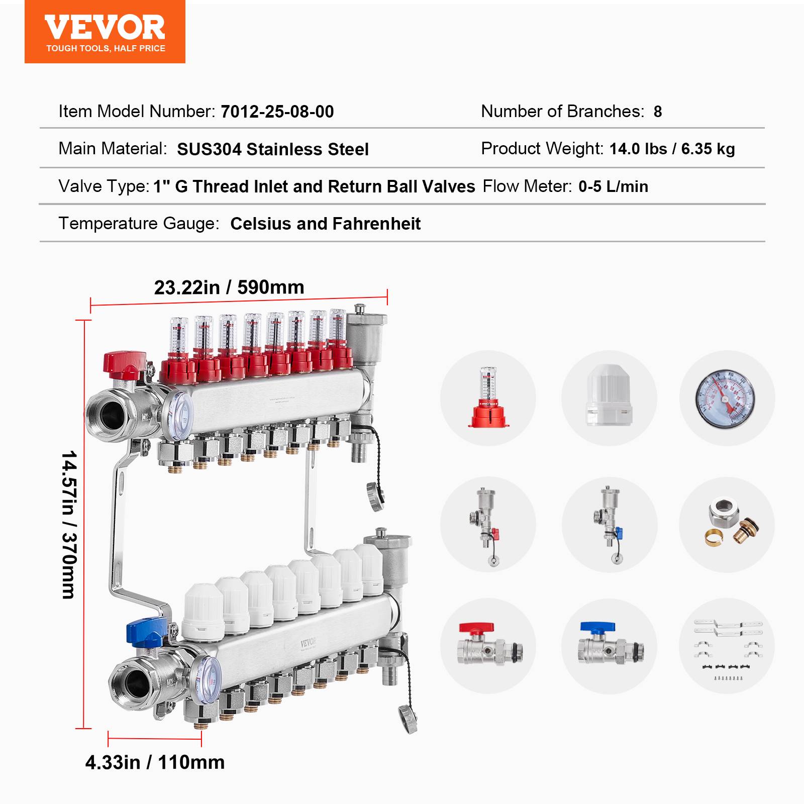 VEVOR Collecteur chauffage radiant 8 branches, inox, tubes PEX 1,27 cm. Pour chaleur hydronique sol. - Image 7