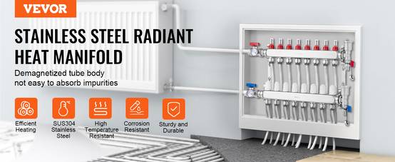 VEVOR Collecteur chauffage radiant 8 branches, inox, tubes PEX 1,27 cm. Pour chaleur hydronique sol. - Image 9