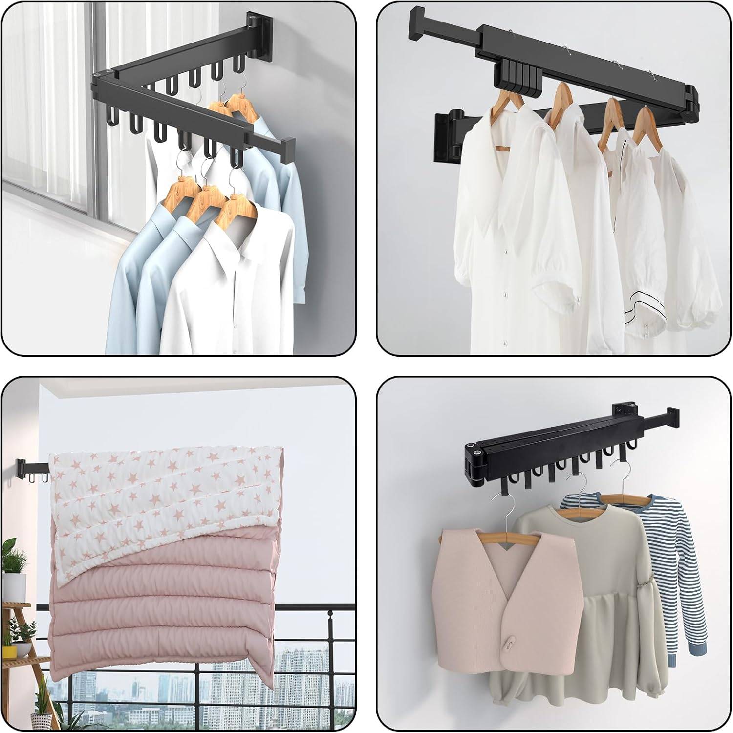 Étendoir à linge mural rétractable avec rotation à 360° (noir, double couche)-Lytech - Image 5
