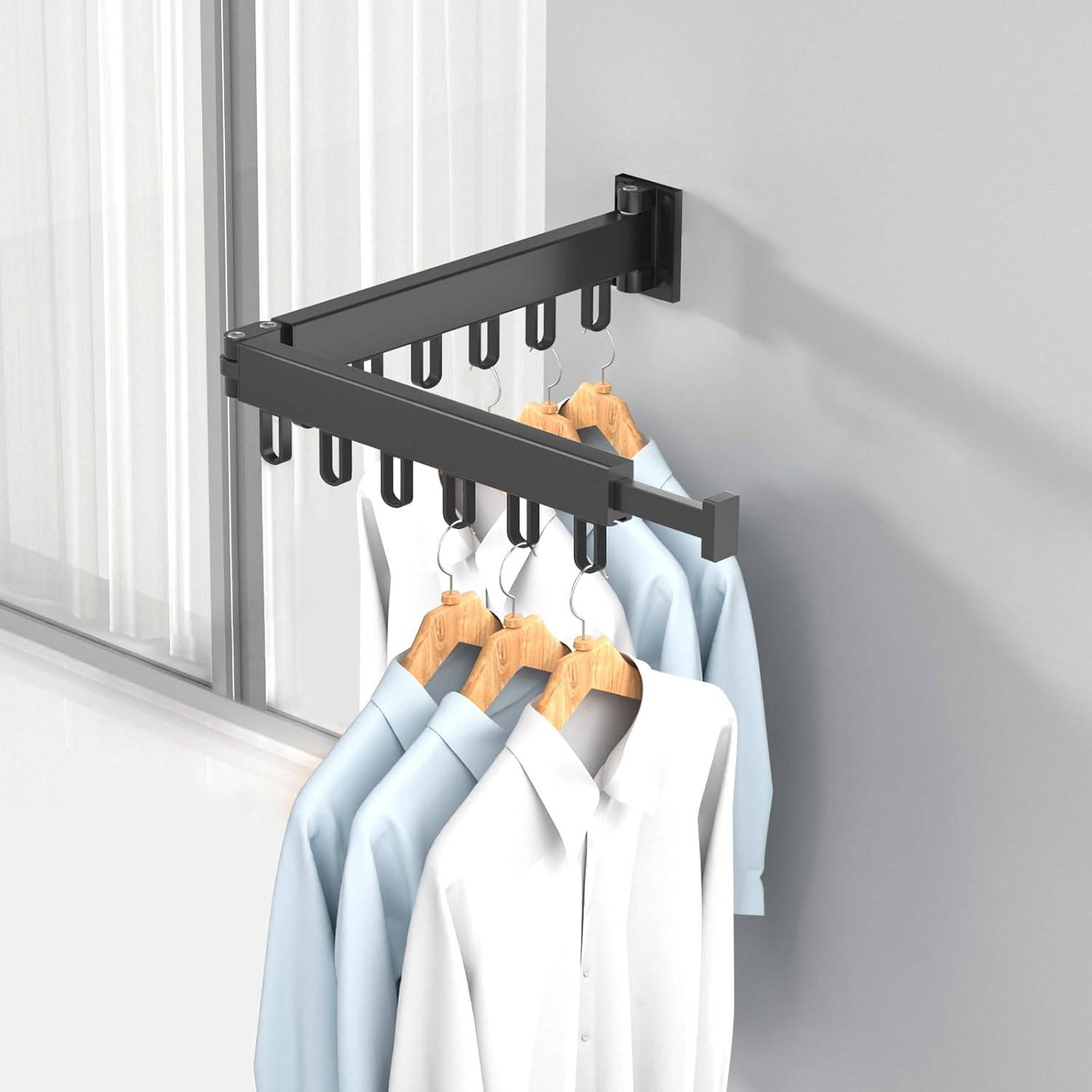 Étendoir à linge mural rétractable avec rotation à 360° (noir, double couche)-Lytech - Image 2