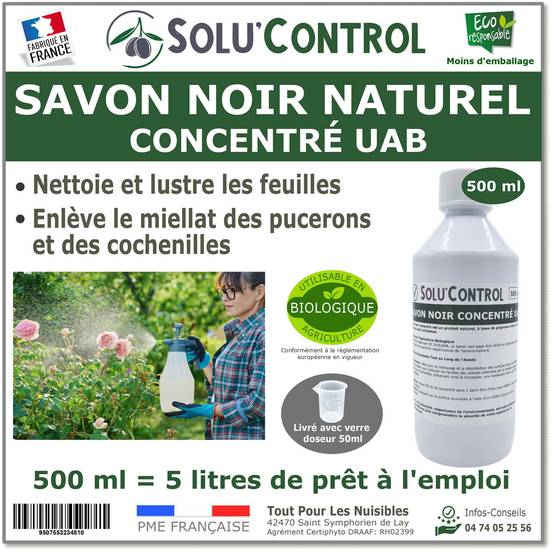 SOLU'CONTROL - Savon Noir Naturel Concentré, 500 ml, Nettoyant Feuilles et Enlève Miellat - pucerons - cochenilles - Image 1