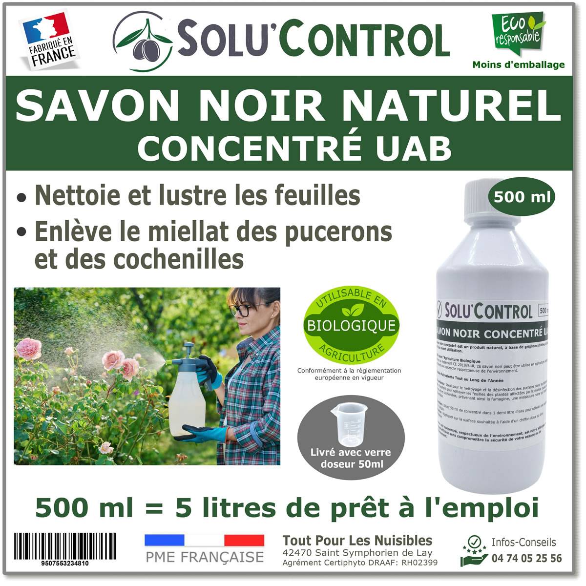 SOLU'CONTROL - Savon Noir Naturel Concentré, 500 ml, Nettoyant Feuilles et Enlève Miellat - pucerons - cochenilles - Imagen 1