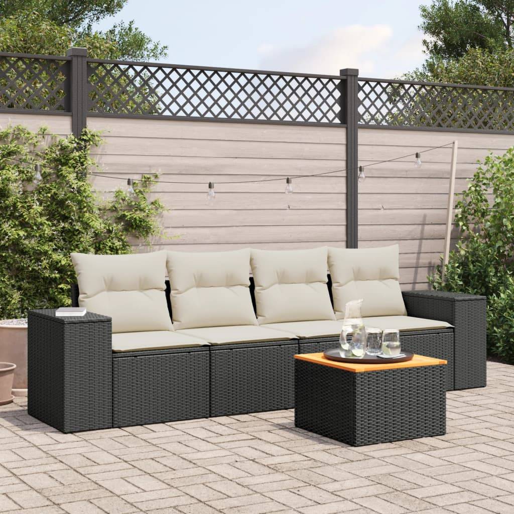 Salon de jardin 4 personnes résine tressée et bois modulable pour terrasse Noir et Crème – ComfortXL Outdoor Living - Image 1