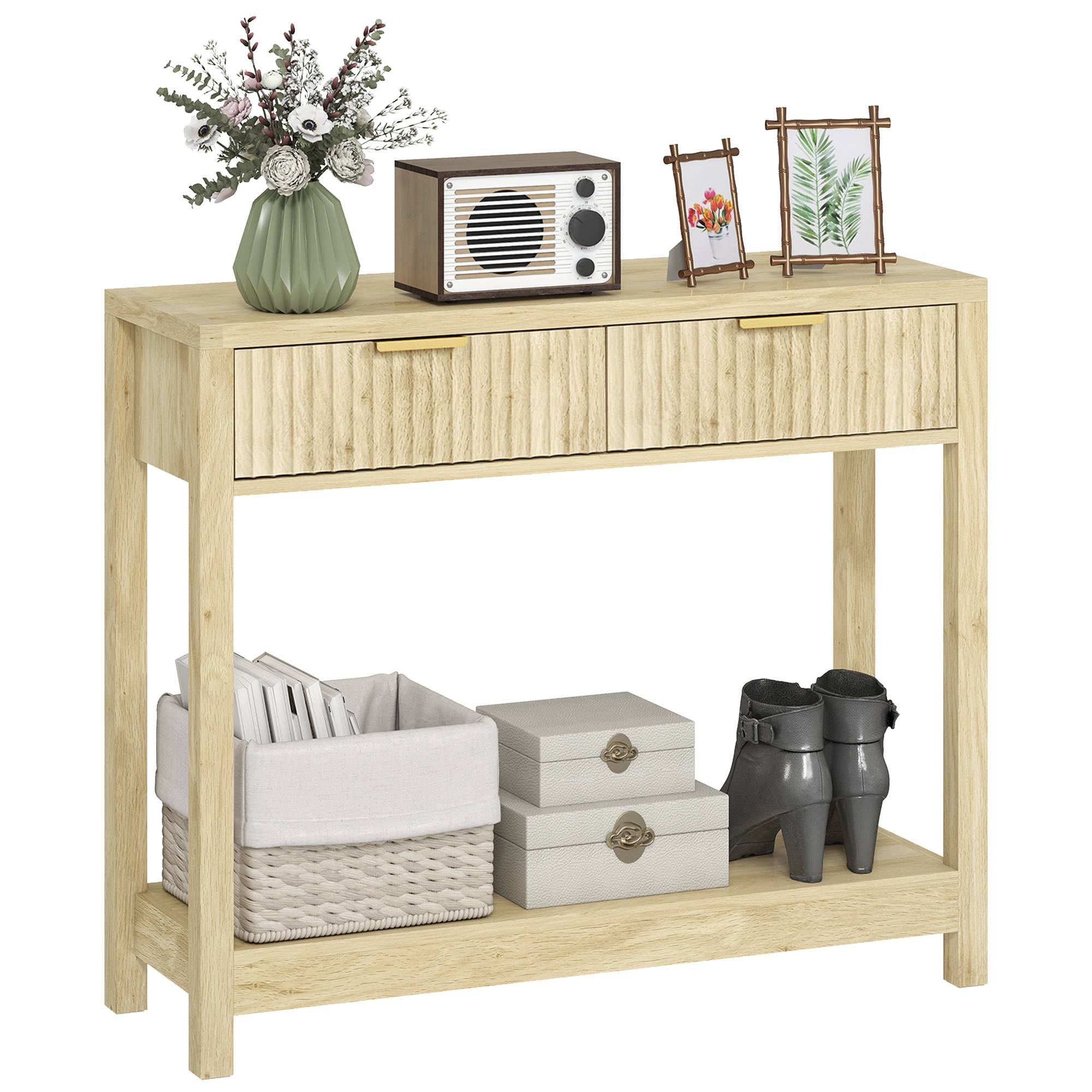 Console meuble 90 cm, table console étroite avec 2 tiroirs rainurés et étagère, style moderne, bois naturel
