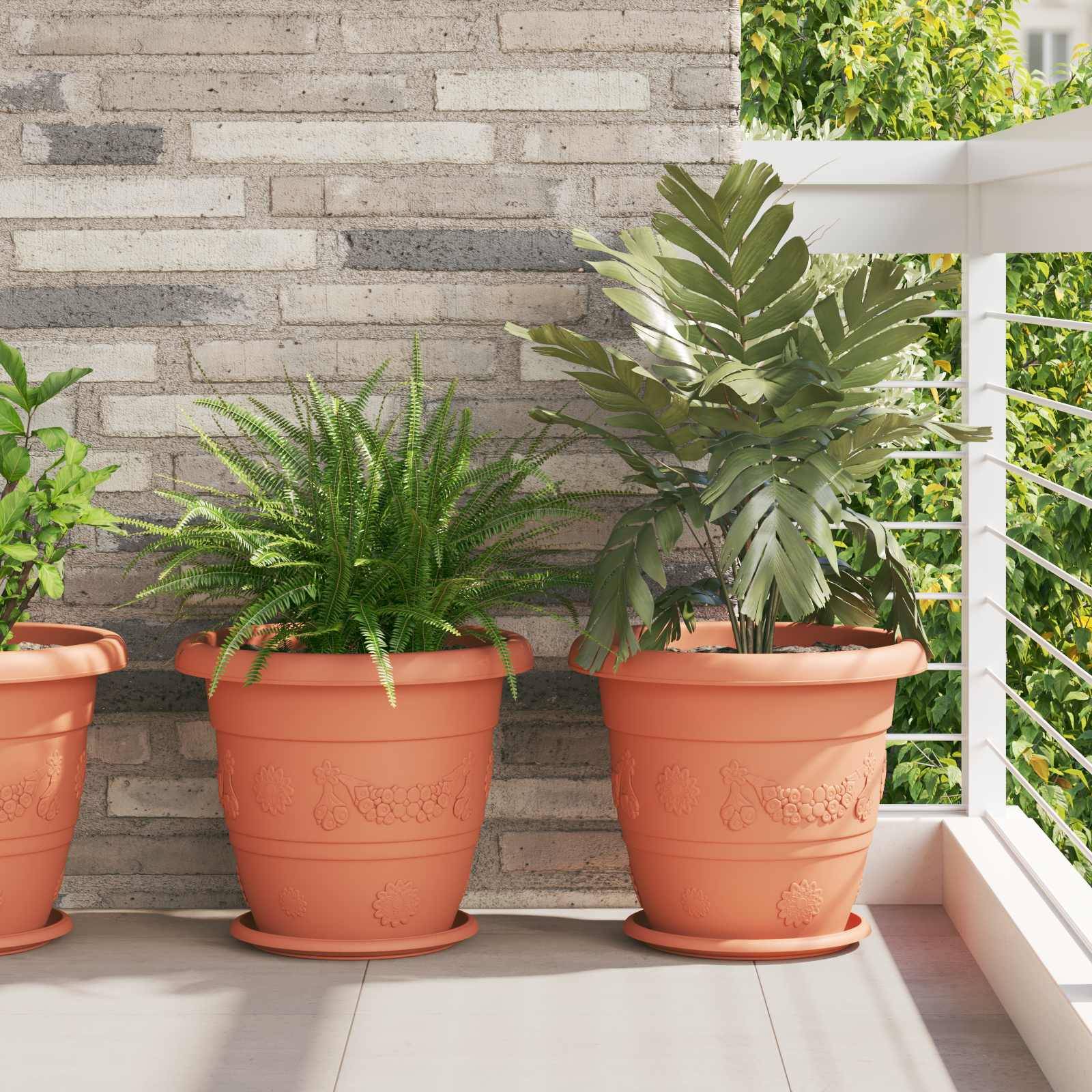 ComfortXL - Lot de 6 Grands Pots de Fleurs Plastique Intérieur Extérieur Drainage 39x32 cm Rouge Brique - ComfortXL Outdoor Living