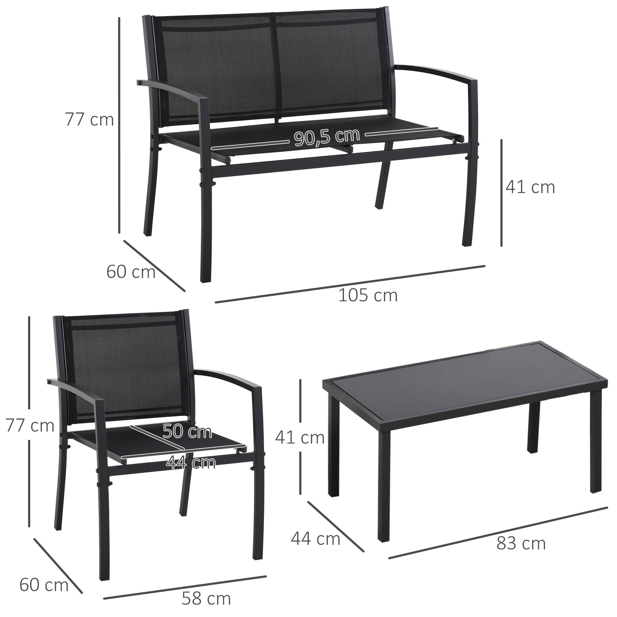 Salon de jardin extérieur 4 personnes, salon de balcon 5 pièces | Mobilier de jardin Noir Métal 105x60x77 cm - Image 5