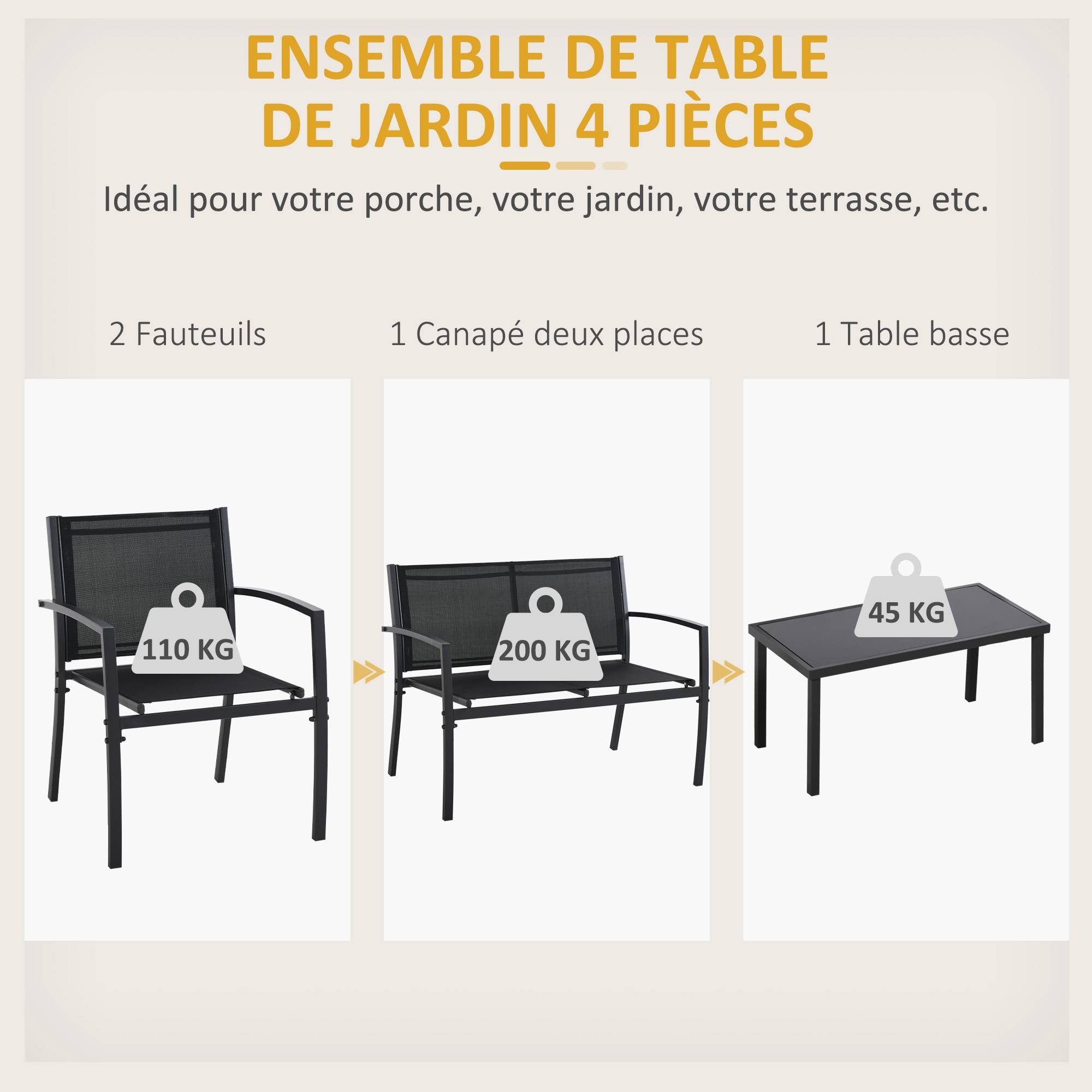 Salon de jardin extérieur 4 personnes, salon de balcon 5 pièces | Mobilier de jardin Noir Métal 105x60x77 cm - Image 6