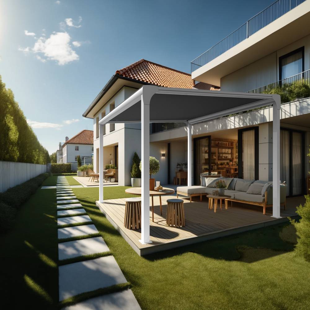 Pergola toile TILA îlot 4,00x3,50m Motorisé à télécommande + manœuvre de secours (Gris Graphite - Blanc) - Alia Productions - Imagen 1