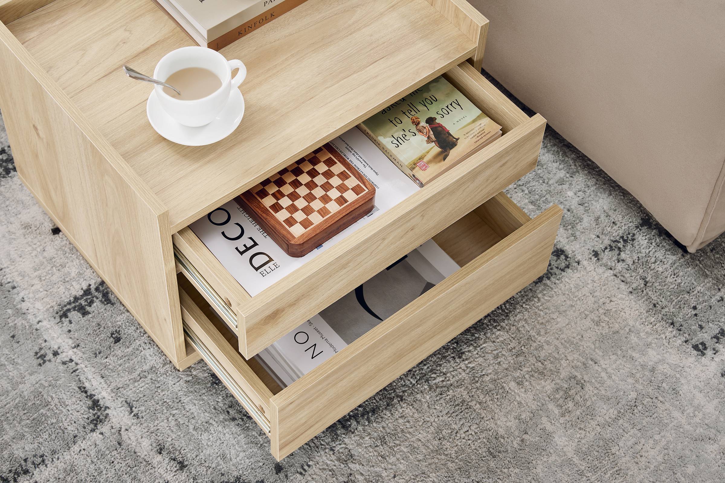 SoBuy Table de Chevet avec 2 Tiroirs, Bout de Canapé, Table de Nuit et Table Basse, Naturelle - Image 4