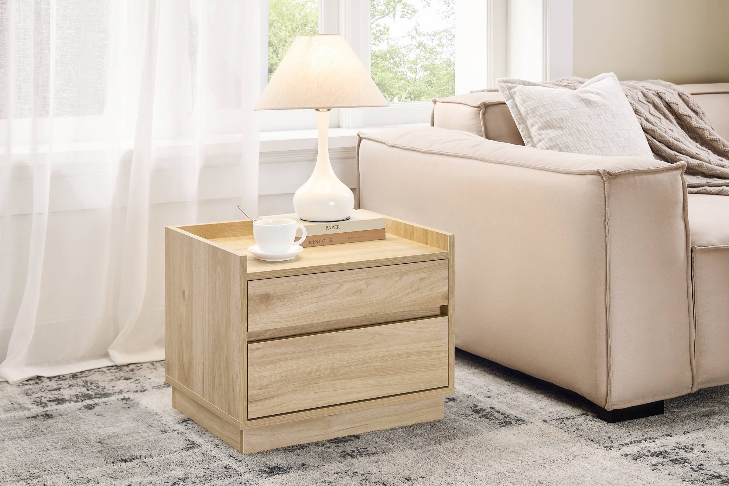 SoBuy Table de Chevet avec 2 Tiroirs, Bout de Canapé, Table de Nuit et Table Basse, Naturelle - Image 2