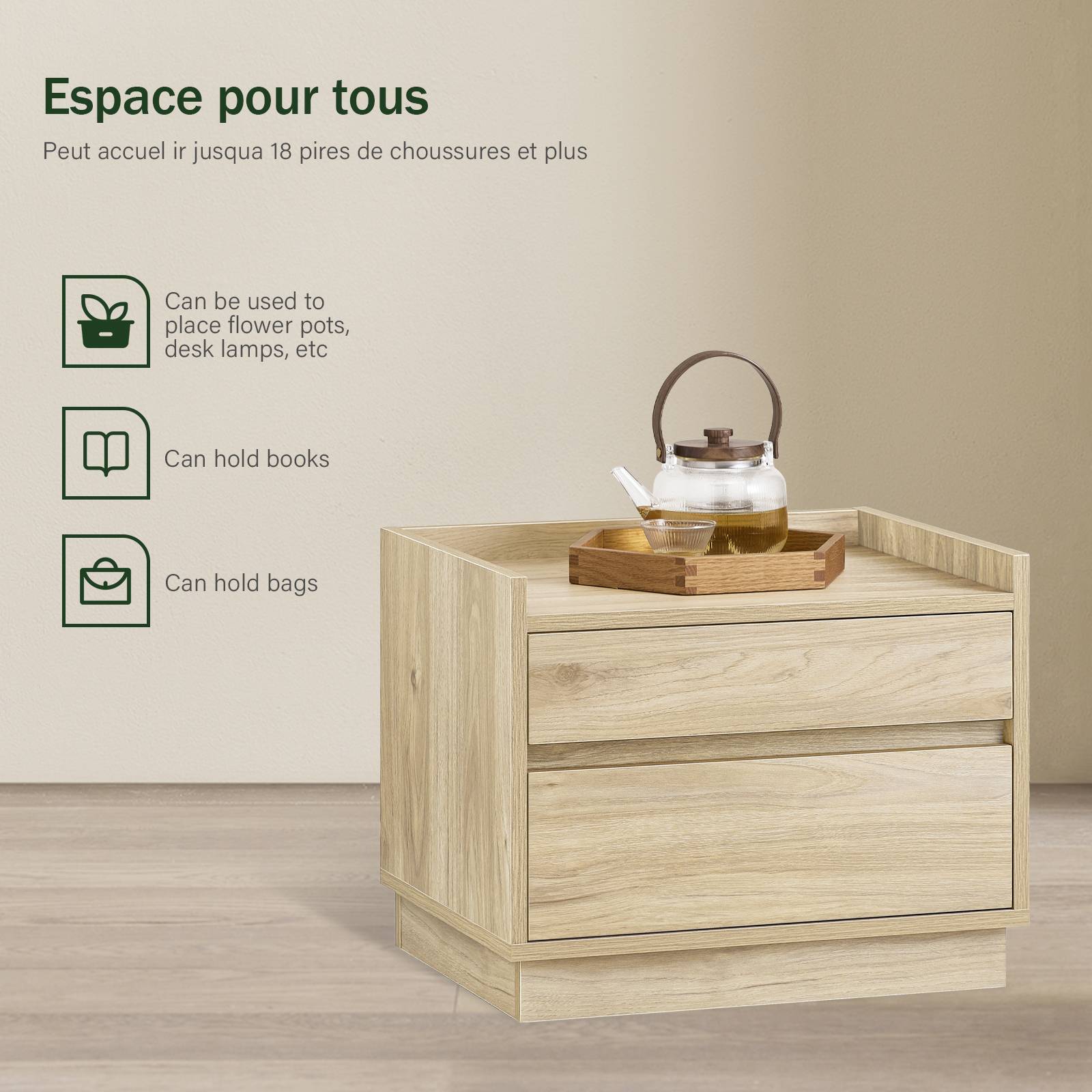 SoBuy Table de Chevet avec 2 Tiroirs, Bout de Canapé, Table de Nuit et Table Basse, Naturelle - Image 10