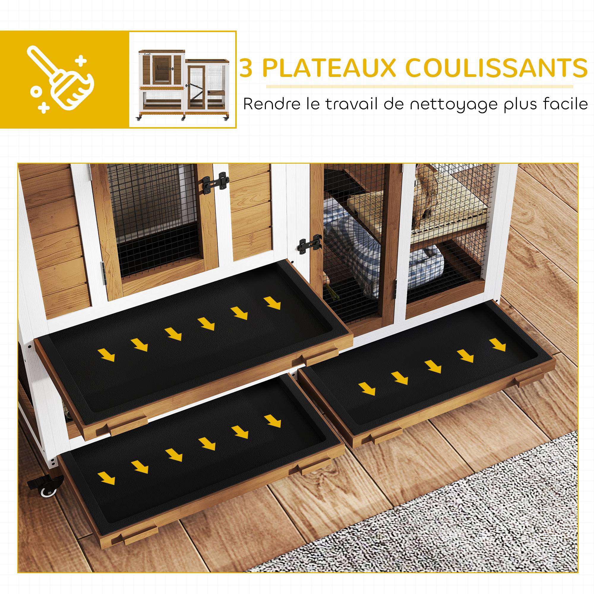Sans Marque - Clapier lapin intérieur cage lapin en bois design de luxe 3 niveaux avec 3 plateaux amovibles 110 x 50 x 86 cm marron - Image 8
