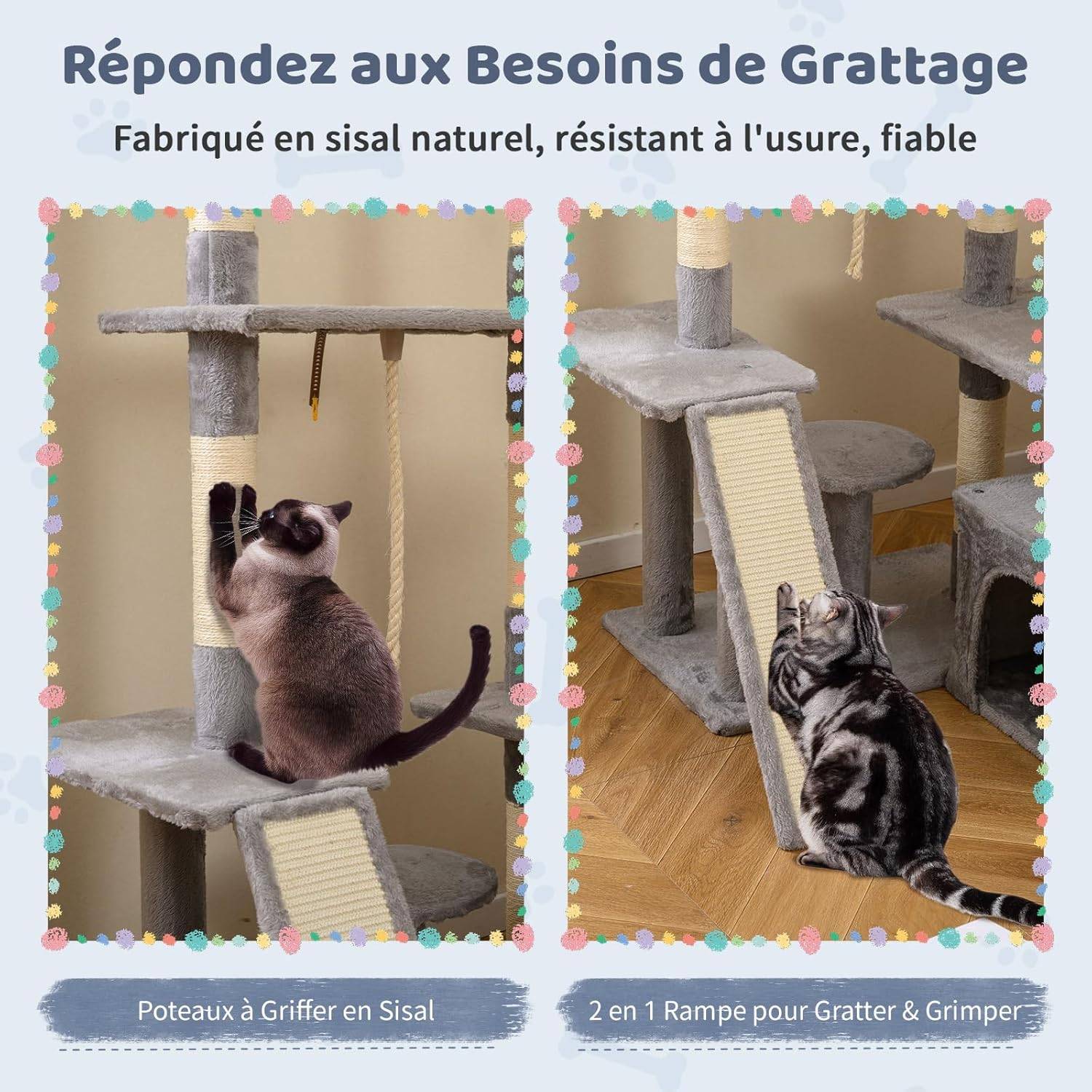 Arbre à Chat XXL Rotatif 136 cm, Condo, Planche et Poteaux à Griffer en Sisal, 7 Plateformes, Arbre a Chat Maine Coon, Pompons, Corde Suspendue, Tissu - Image 3