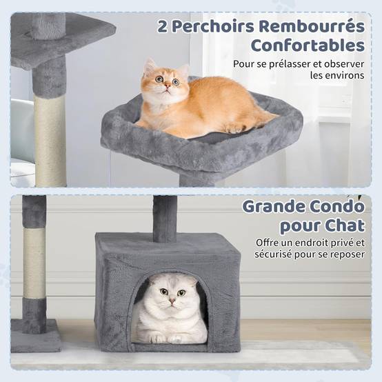Arbre à Chat XXL Rotatif 136 cm, Condo, Planche et Poteaux à Griffer en Sisal, 7 Plateformes, Arbre a Chat Maine Coon, Pompons, Corde Suspendue, Tissu - Image 5