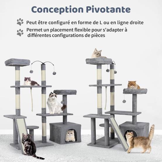 Arbre à Chat XXL Rotatif 136 cm, Condo, Planche et Poteaux à Griffer en Sisal, 7 Plateformes, Arbre a Chat Maine Coon, Pompons, Corde Suspendue, Tissu - Image 2