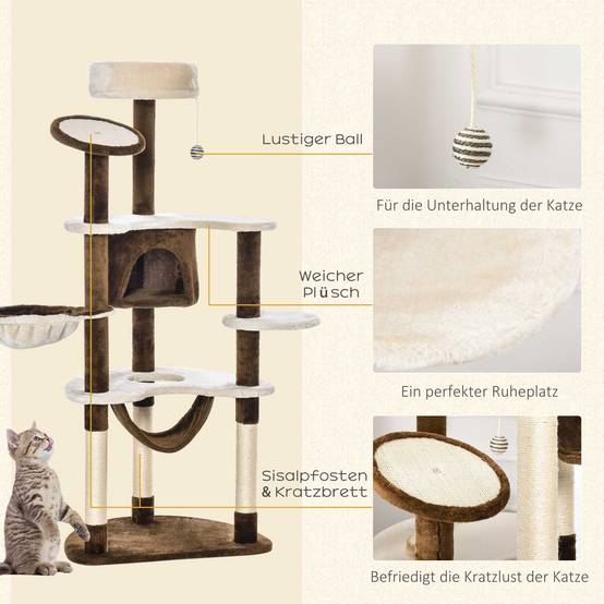 Arbre à chat XXL 153 cm de haut avec grotte, hamac et arbre à chat grimpant, en peluche marron pour jouer et se détendre. - Image 5