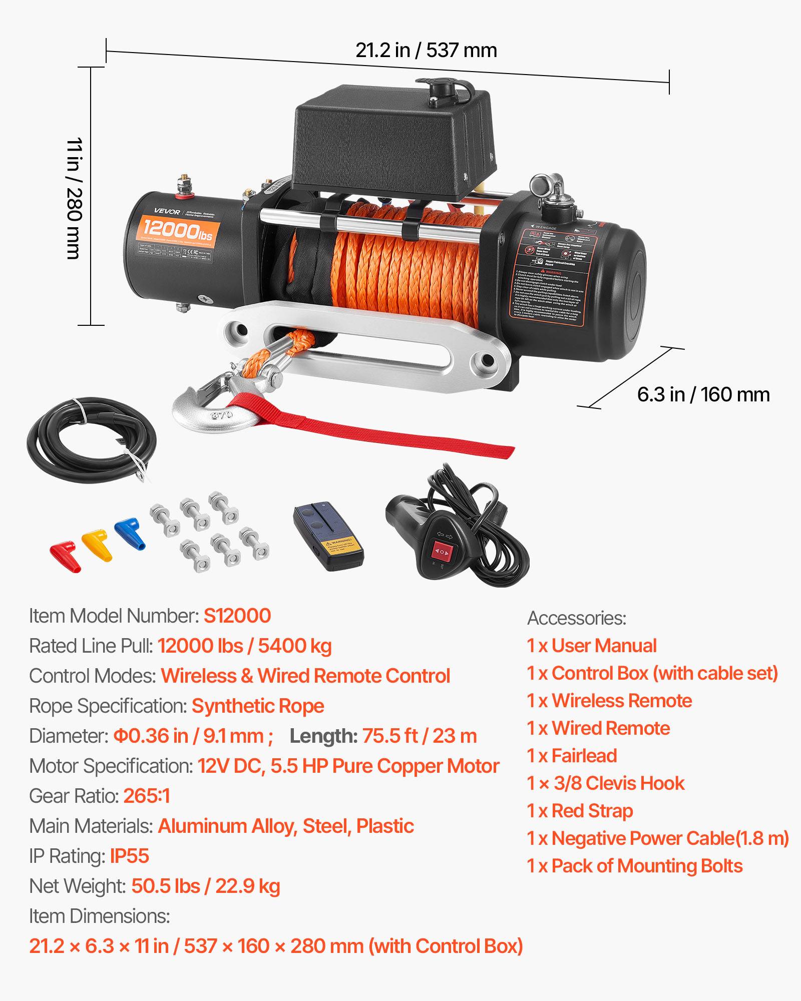 Vevor - VEVOR Treuil électrique 12 V 5 400 kg, corde synthétique Ø 9,1 mm x 23 m, télécommandes filaire et sans fil, IP55, pour SUV et tout-terrain. - Image 6