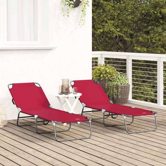 2 pcs Chaise longue | Transat | Bain de soleil pliante Rouge 188 x 57 x 86,5 cm Polyester - Image 3