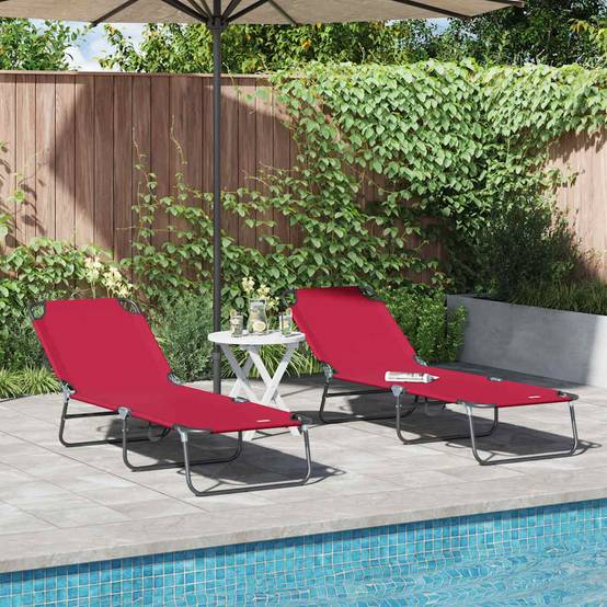 2 pcs Chaise longue | Transat | Bain de soleil pliante Rouge 188 x 57 x 86,5 cm Polyester - Image 2