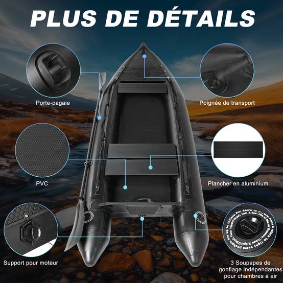 0 - Kayak Gonflable Oryxearth DRYXEARTH Noir - 330×110×30 cm - Plancher Aluminium, Capacité 200 kg - Prêt à l'Aventure - Image 3