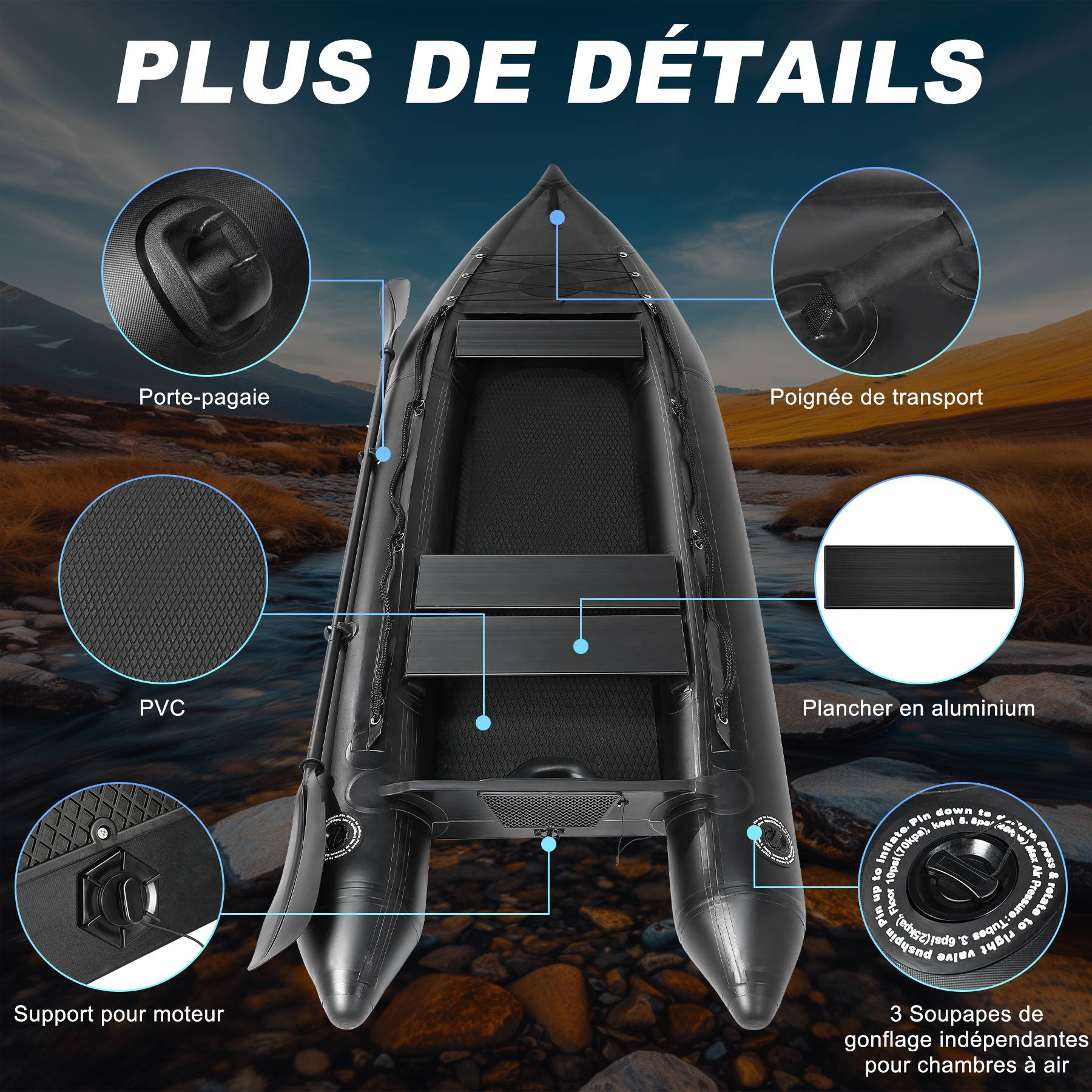 0 - Kayak Gonflable Oryxearth DRYXEARTH Noir - 330×110×30 cm - Plancher Aluminium, Capacité 200 kg - Prêt à l'Aventure - Image 3