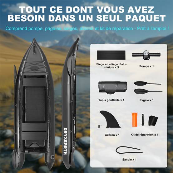 0 - Kayak Gonflable Oryxearth DRYXEARTH Noir - 330×110×30 cm - Plancher Aluminium, Capacité 200 kg - Prêt à l'Aventure - Image 6