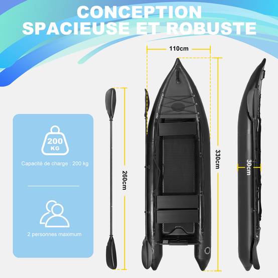 0 - Kayak Gonflable Oryxearth DRYXEARTH Noir - 330×110×30 cm - Plancher Aluminium, Capacité 200 kg - Prêt à l'Aventure - Image 8