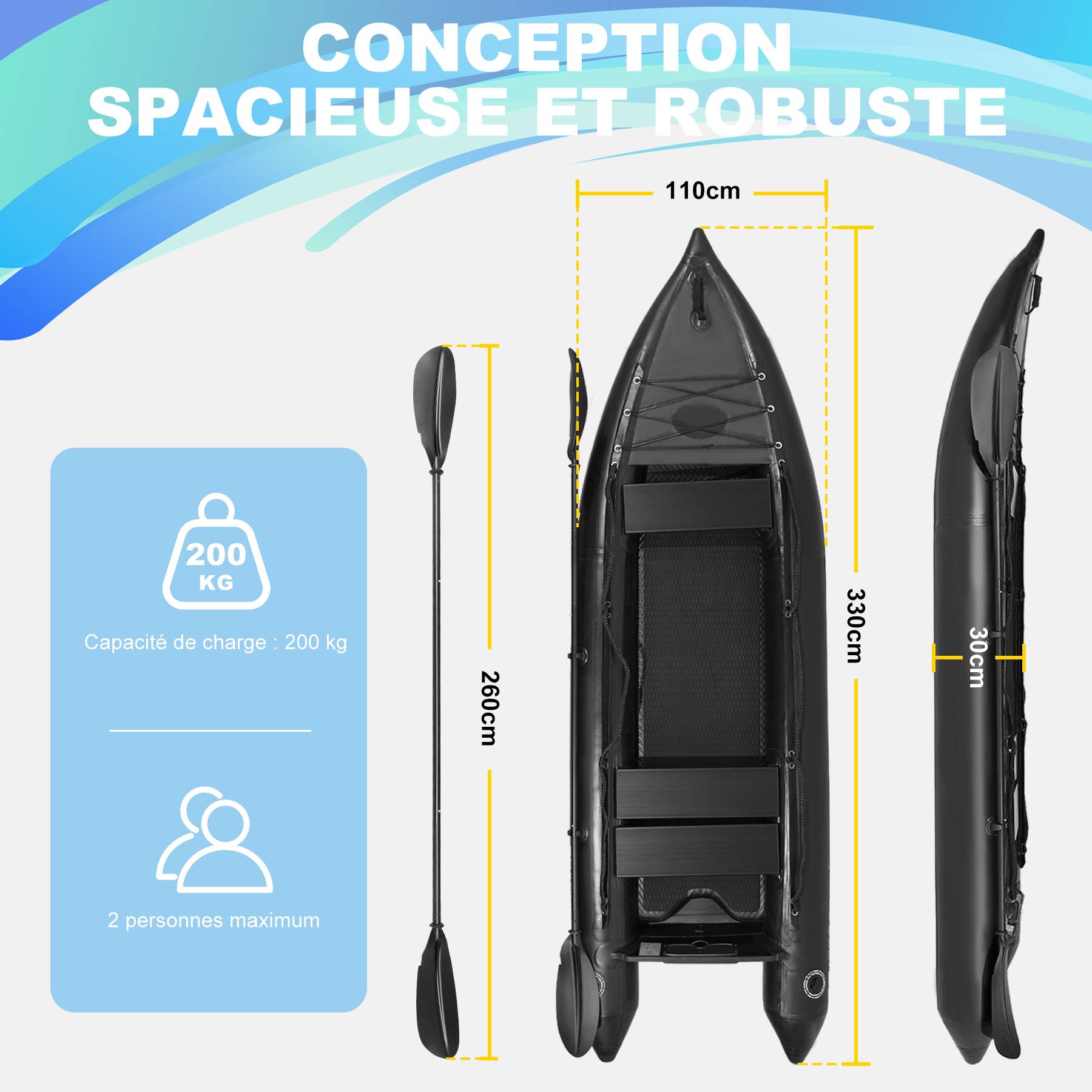 0 - Kayak Gonflable Oryxearth DRYXEARTH Noir - 330×110×30 cm - Plancher Aluminium, Capacité 200 kg - Prêt à l'Aventure - Image 8