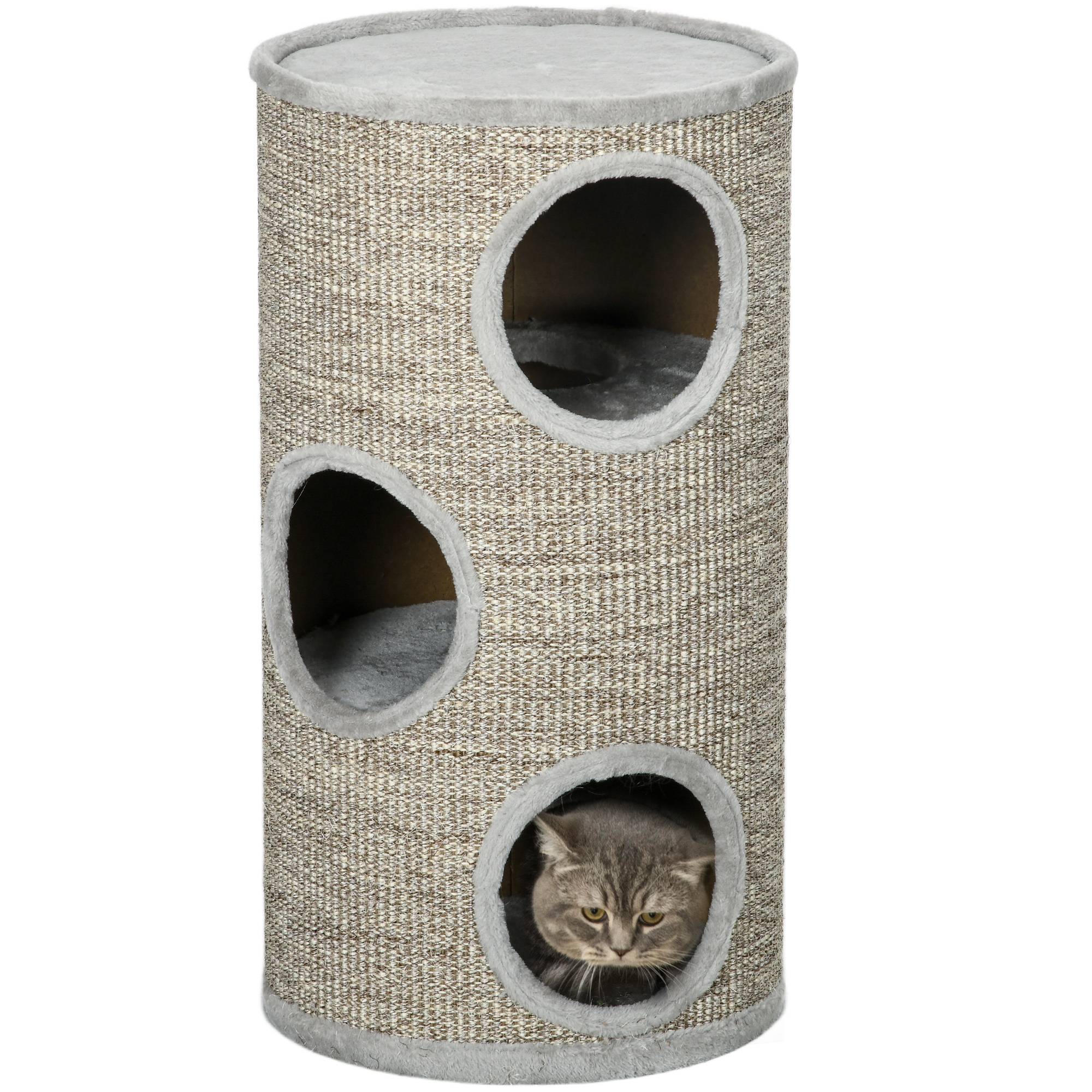 Maison pour chat à 3 niveaux avec griffoir en sisal et peluche, Ø38 x 70 cm, gris clair