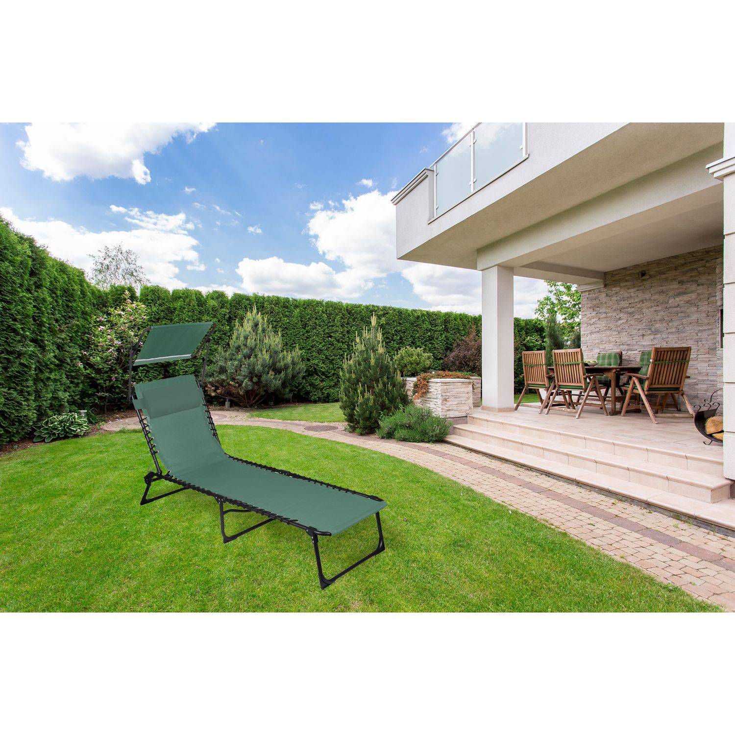 Sans Marque - Lot de 2 bains de soleil avec parasol et coussin - Thé vert - Sunnydays - Image 3