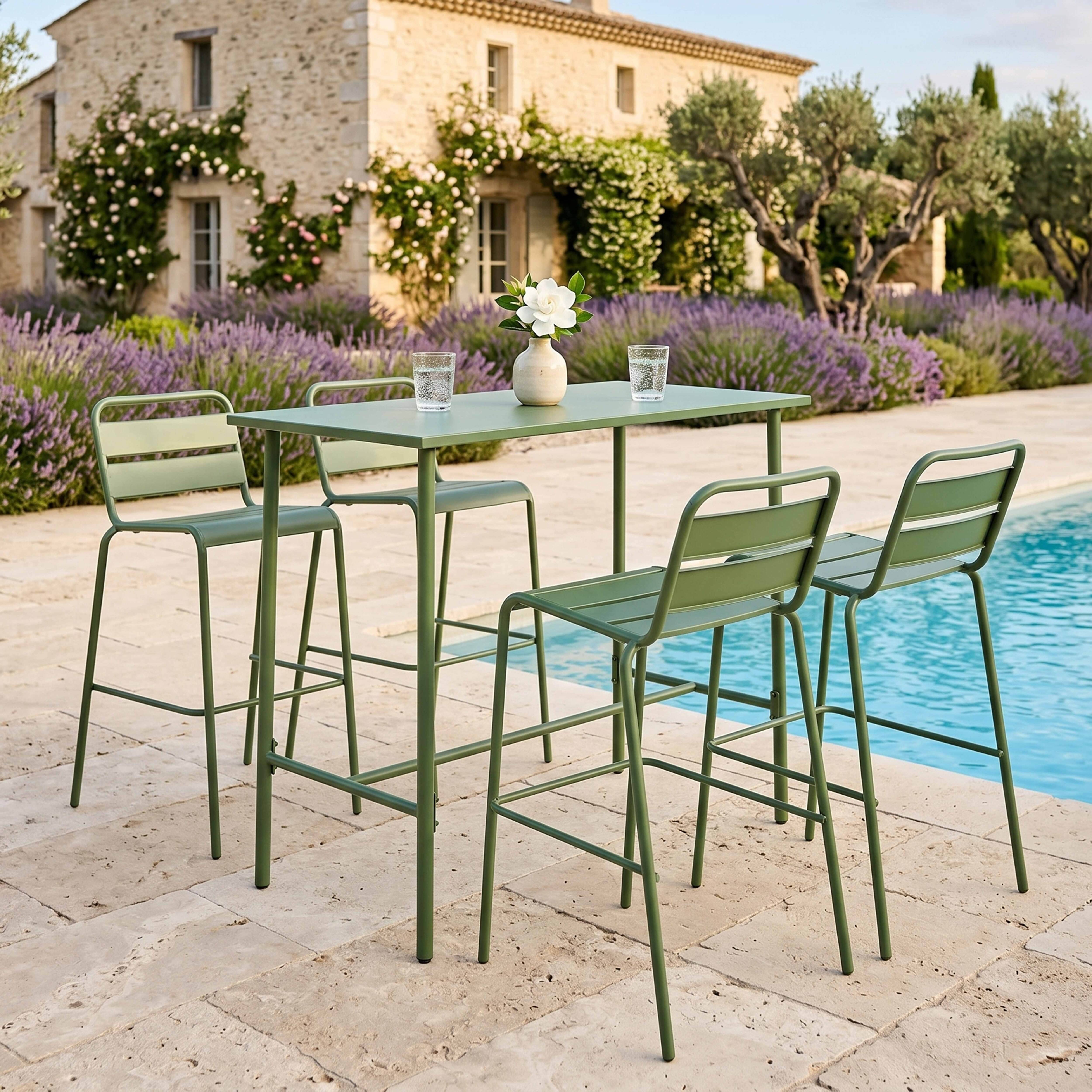 Oviala - Ensemble table haute et 4 chaises de bar en métal vert cactus Palavas - Oviala - Imagen 2