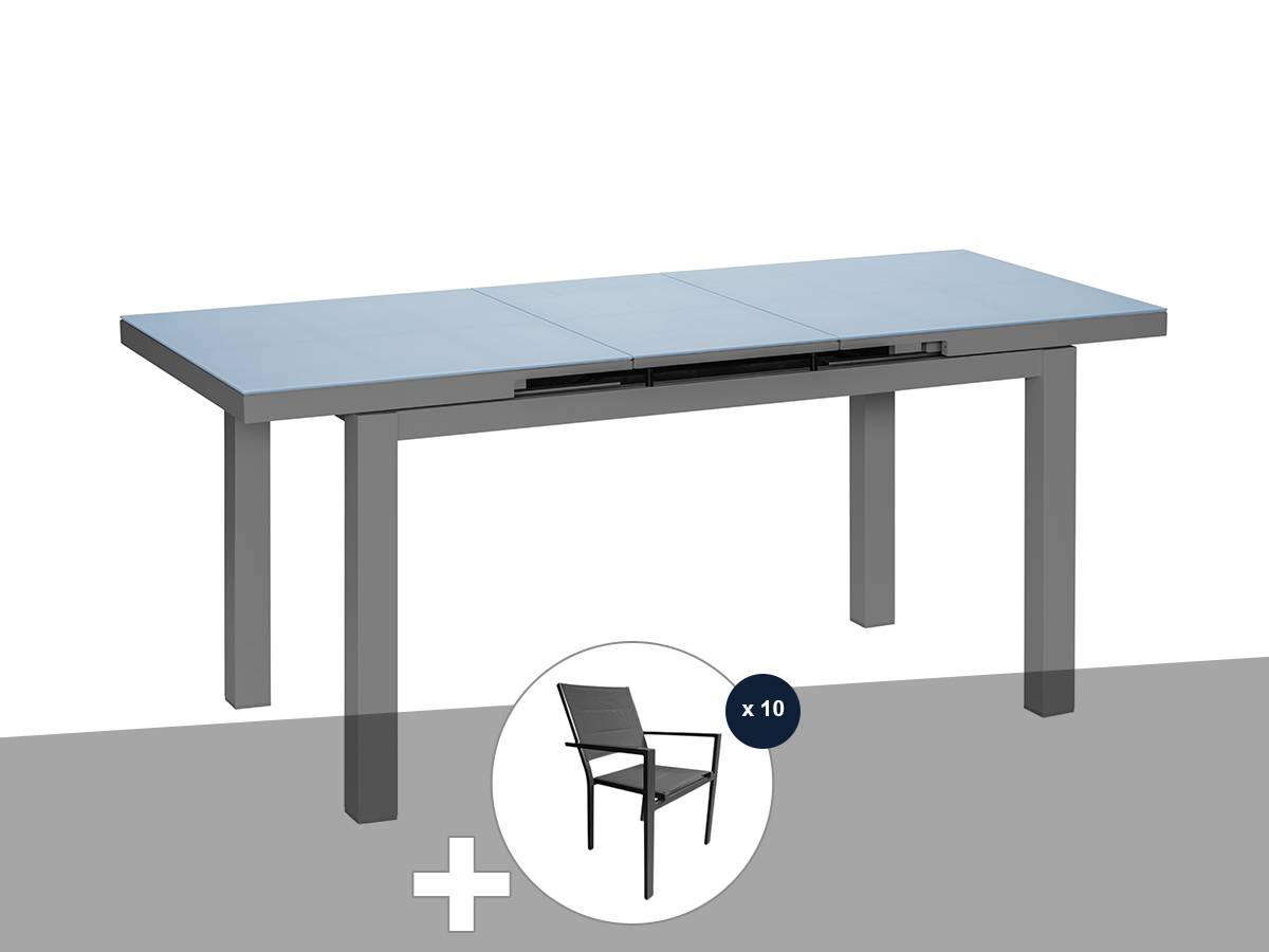 Table à manger d'extérieur extensible en aluminium gris  Ibiza anthracite avec 10 fauteuils - Jardiline - Imagen 1