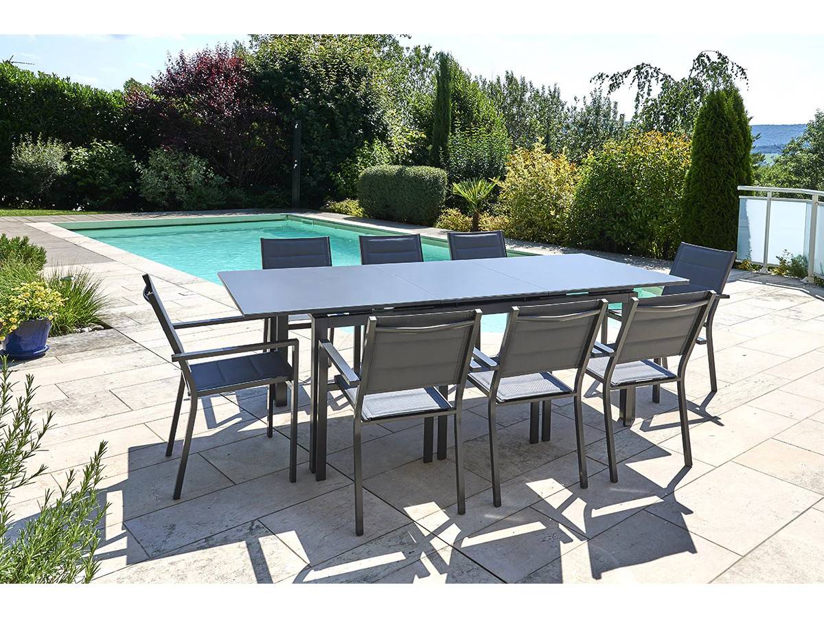 Table à manger d'extérieur extensible en aluminium gris  Ibiza anthracite avec 10 fauteuils - Jardiline - Imagen 2