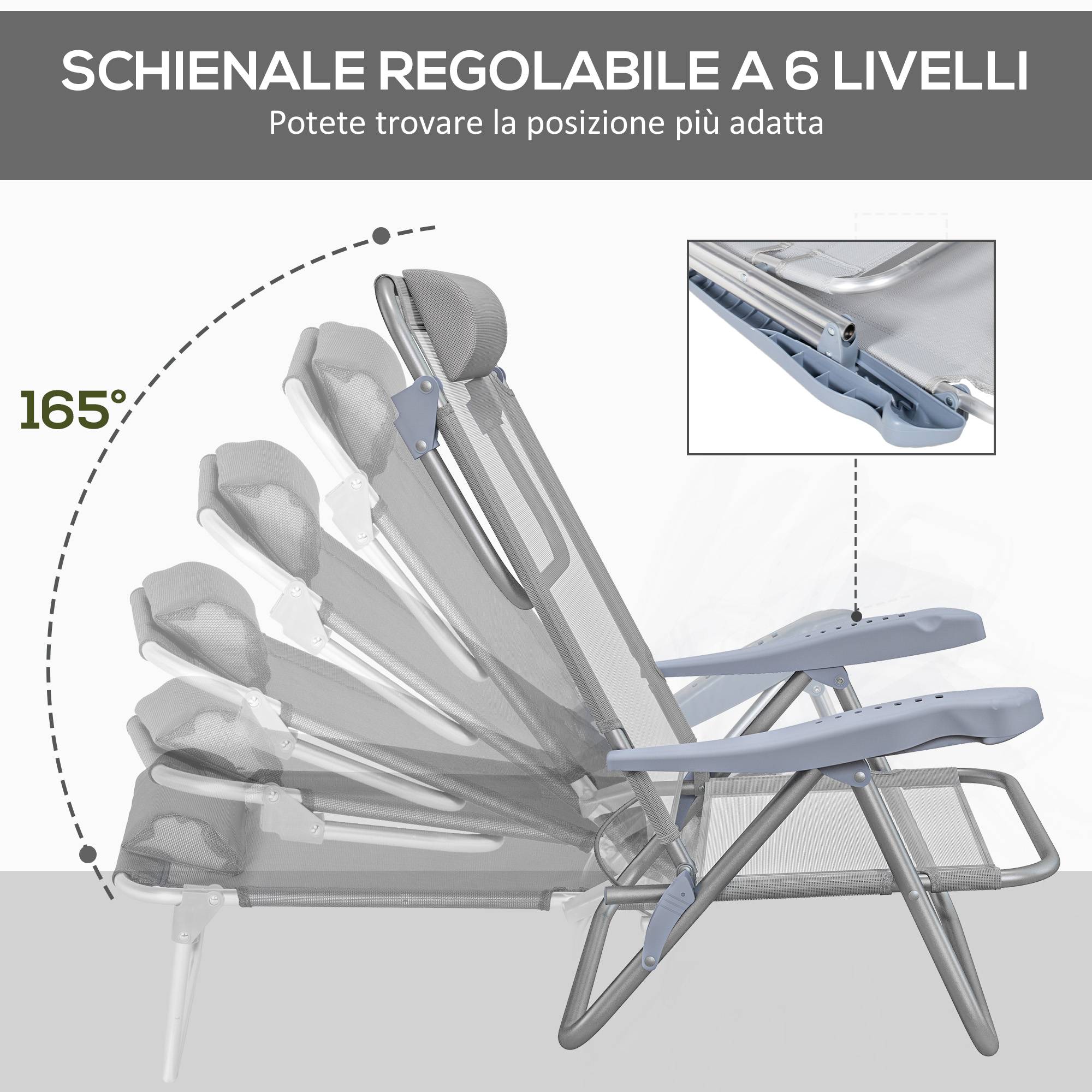 Lot de 2 chaises de camping pliables inclinables 6 niveaux, aluminium et mousse, 62x65x80 cm, gris clair - Image 7