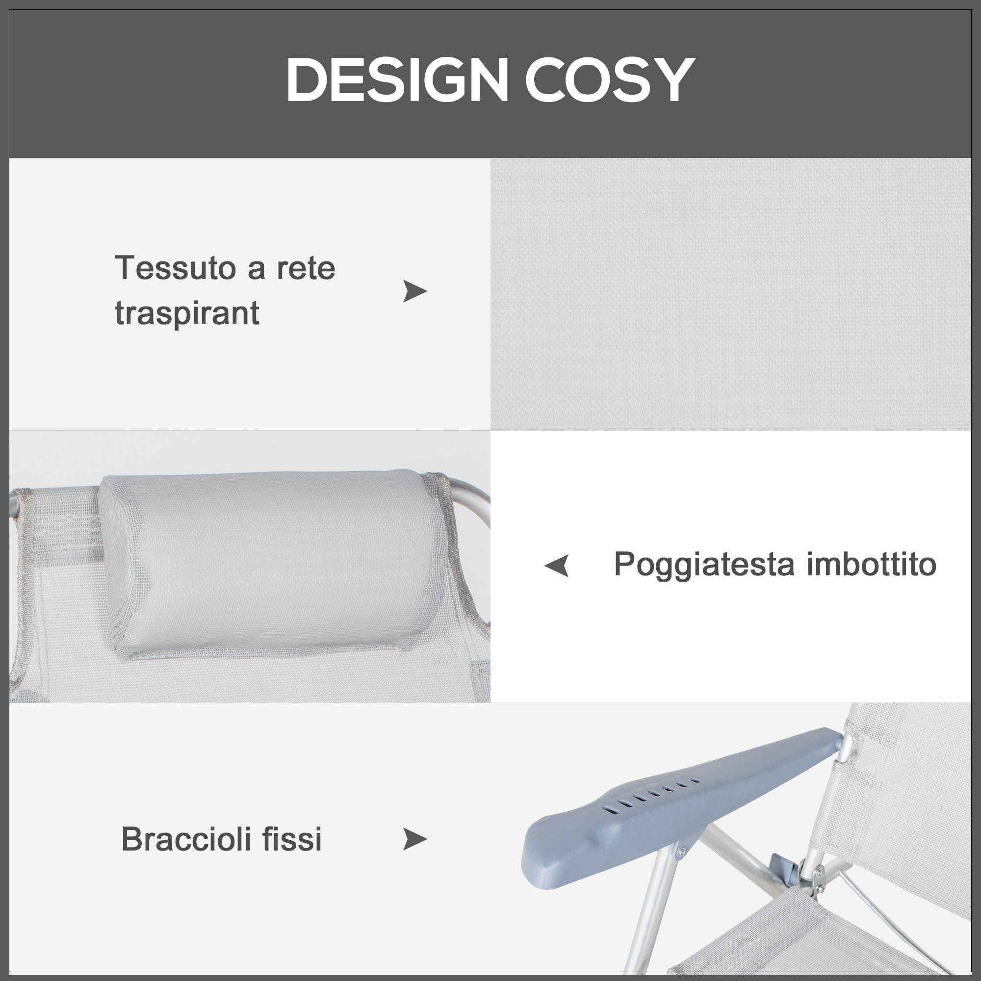 Lot de 2 chaises de camping pliables inclinables 6 niveaux, aluminium et mousse, 62x65x80 cm, gris clair - Image 8